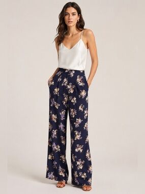 Zimmermann 96% Silk Wide Leg Floral Pants Navy Blue Size 0 Luxury Designer
